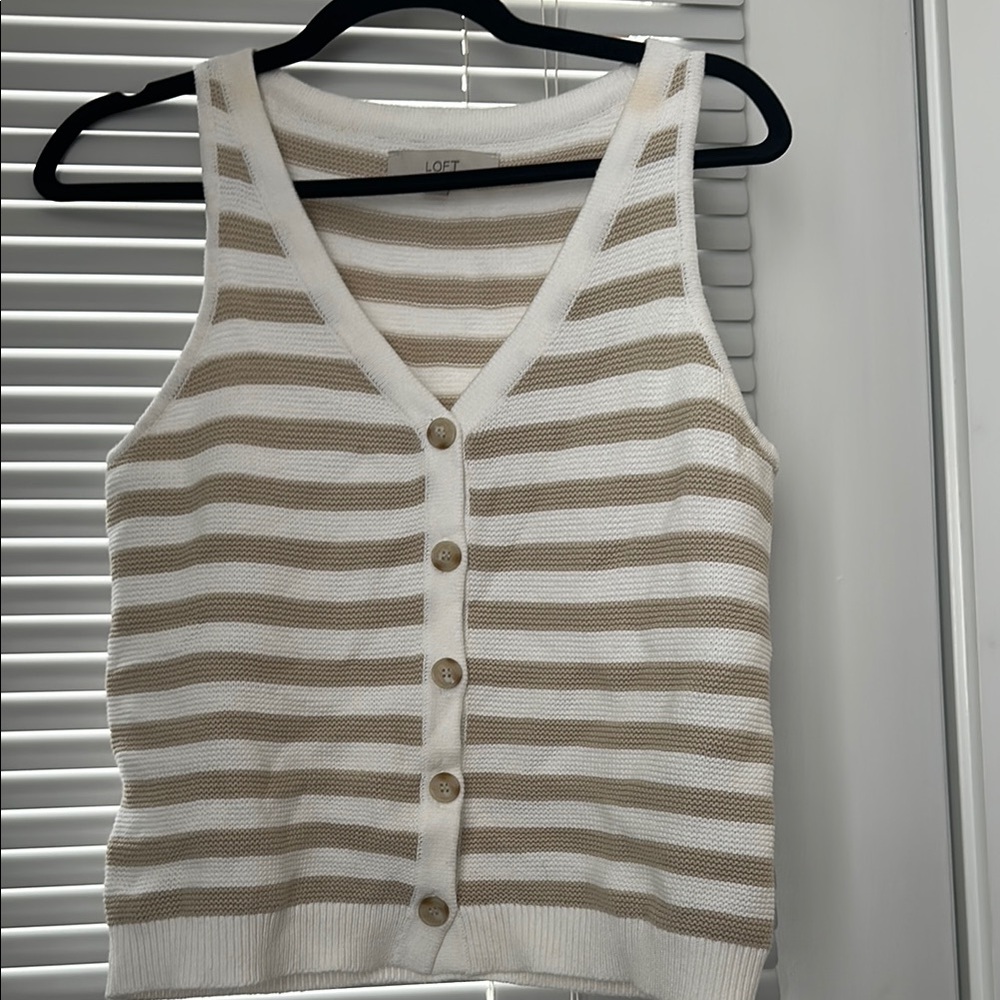 LOFT Women's Striped Tan and White Top